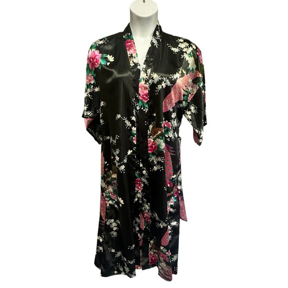 Womens Black Satin Kimono Robe Peacock and Blossoms Nightgown Sleepwear O/S - Picture 5 of 9